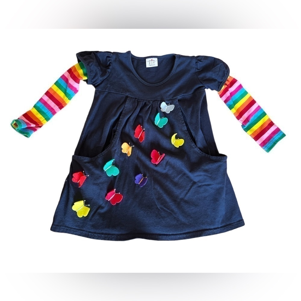 2-3 years long sleeve girls tunic dress shirt w/striped sleeves + butterflies